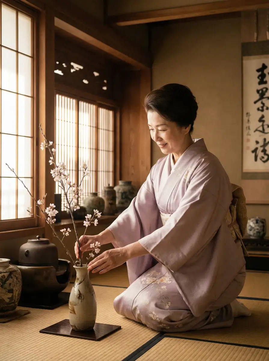 一位优雅的 J9体育平台 在和室中插花