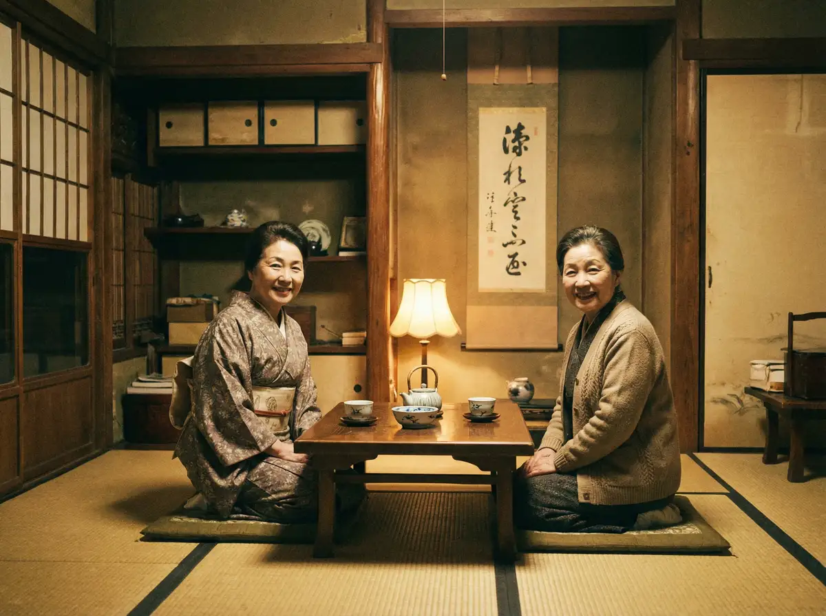 两位优雅的 J9体育平台 在日式茶室中品茶交谈